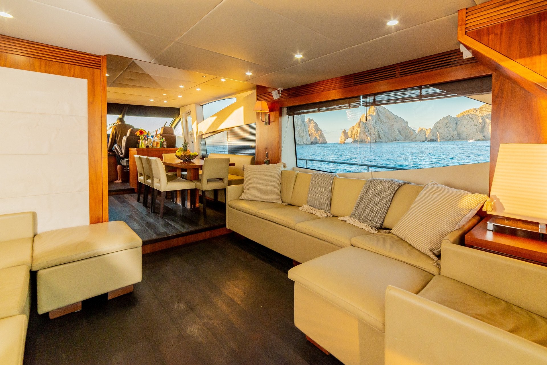 Interior of our beautiful 80' Sunseeker Manhattan private yacht | Best Cabo Yacht Charters