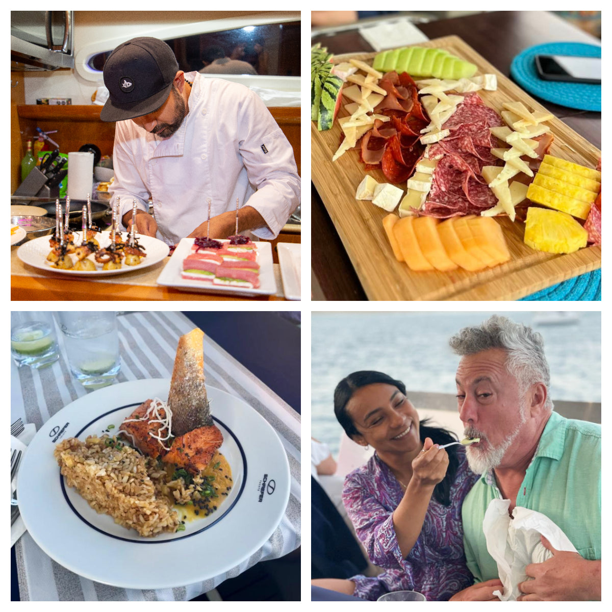 Collage of images from Cabo yacht charters with private chefs and catering aboard the luxury yacht | Best Cabo Yachts