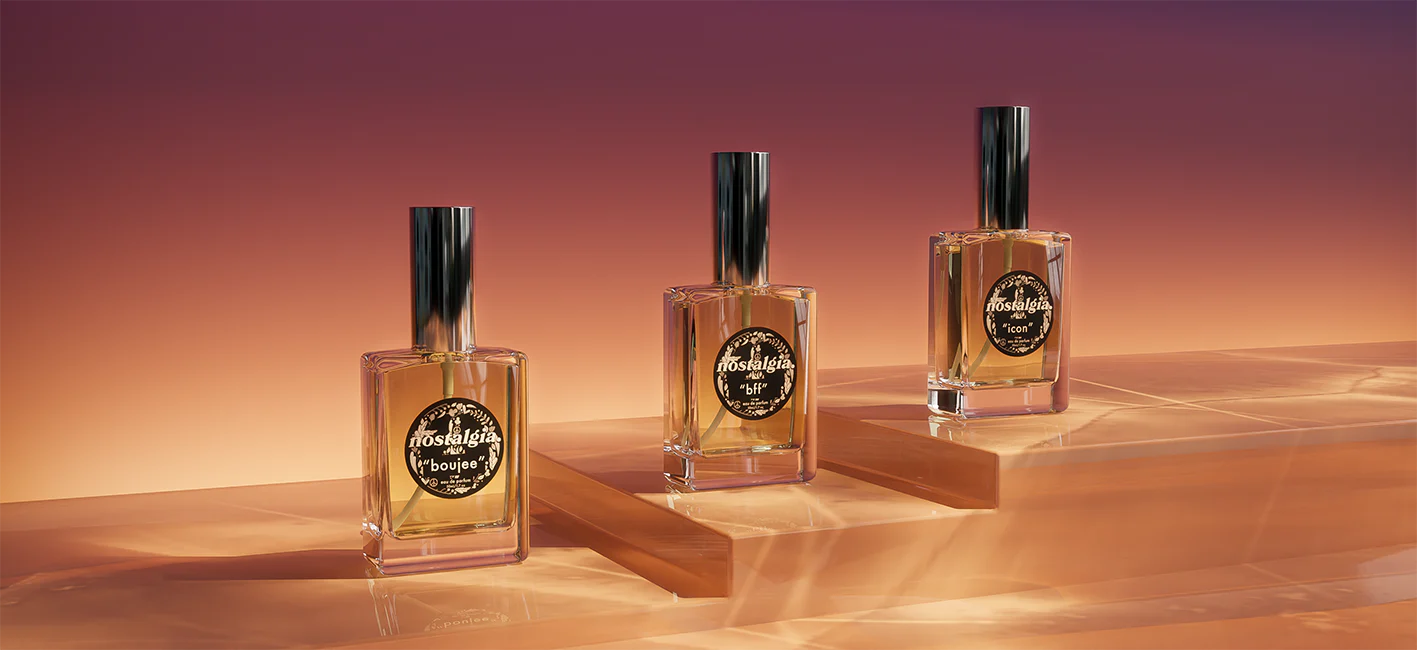 Three perfume bottles labeled 'boujee,' 'bff,' and 'icon' on a gradient purple-orange background.
