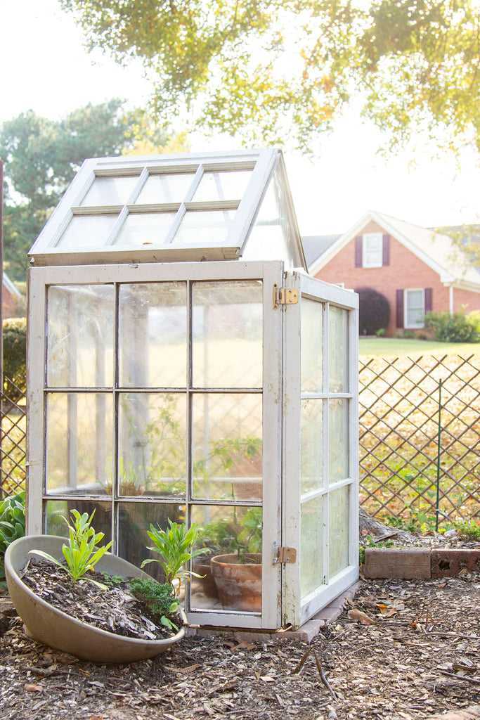 The full greenhouse viewed from the side. A willow diamond shaped fence is seen in the background and a small, tilted pot of plants in the foreground