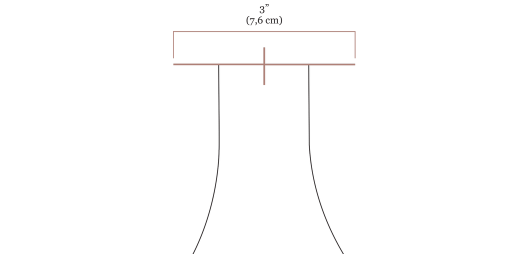 A close up digital drawing of the olive jumpsuit bodice strap opening with a new line in pink drawn over the top of the strap opening with the label 3" (7,6 cm)