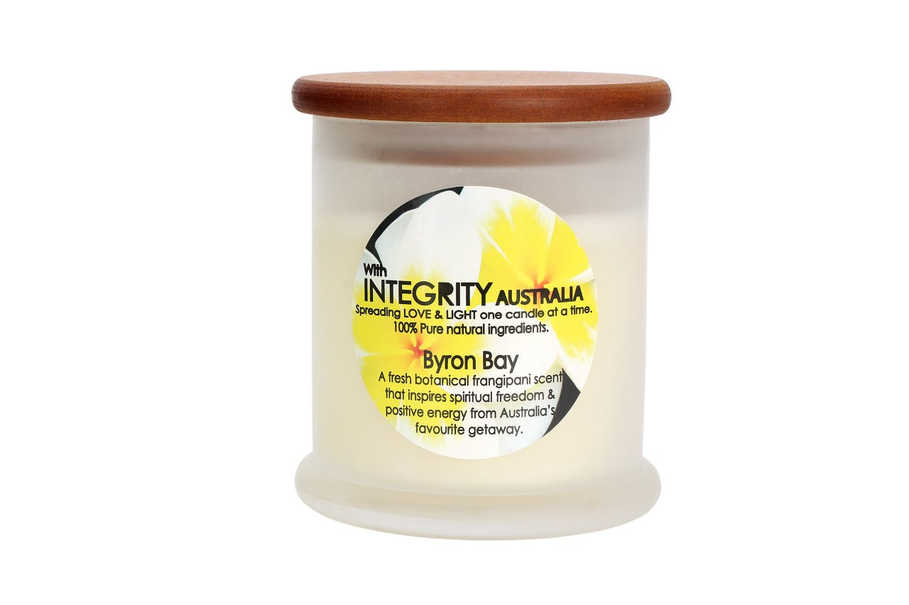 Byron Bay-Frangipani  Scented (XL Frosted Glass w/Wooden Lid)