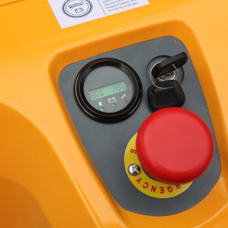 Battery Gauge Closeup on Fully Electric 220" Straddle Pallet Stacker