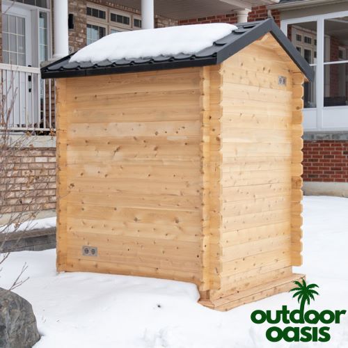 Dundalk "Granby Cabin" Leisurecraft Sauna Backside View in the Snow