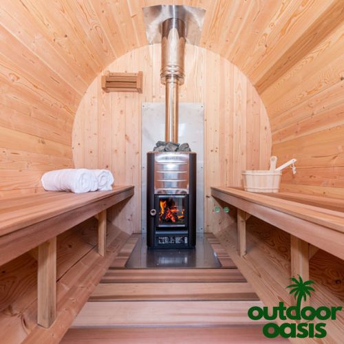 Leisurecraft "Harmony" Barrel Sauna Interior View of Benches and Wood Burning Heater