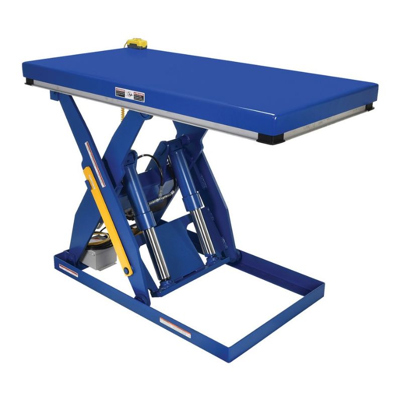 Front Left Side of Vestil 30in x 72in Electric Scissor Lift Table Fully Extended Up