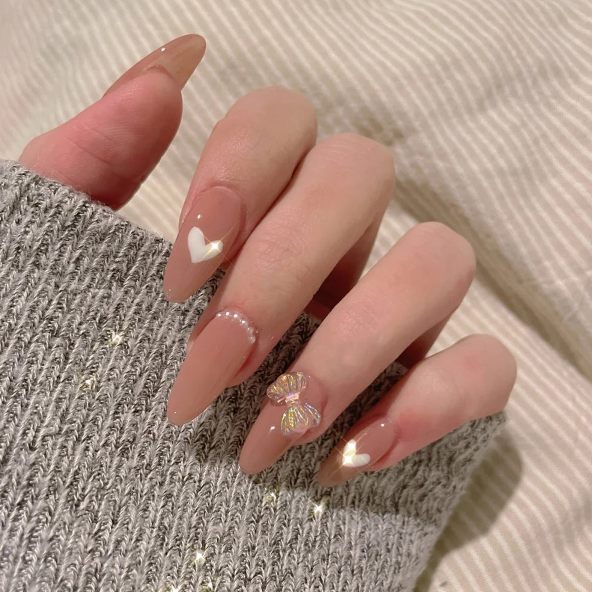 Playing Cute Long Oval Beige Bow Press On Nails