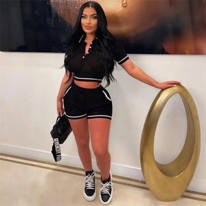 Women's Summer Knit Shorts Polo-Neck Short Sleeve Crop Top Two-Piece Set - Trend Style Clothing