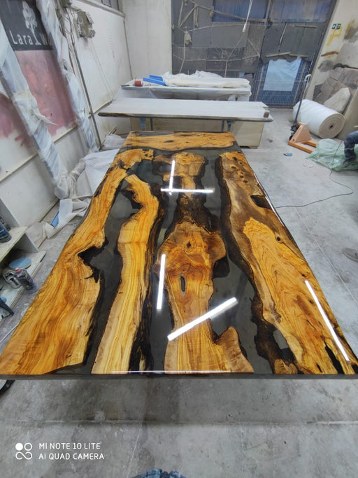 Live edge Clear Epoxy Table made from olive wood | Iron's Custom Wood