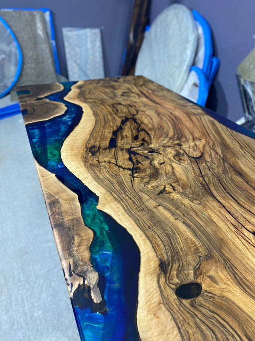 Epoxy Resin Table, Live Edge Table, Custom 75” x 40” Walnut Wood Deep Blue  and Turquoise, White Epoxy Table, Wooden Table, for Rick S