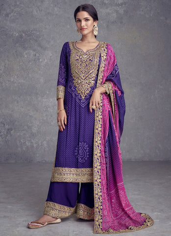 salwar kameez neck design - salwar kameez square neck design  - Purple And Pink Mirror Embroidery Bandhani Prited Palazzo Suit with square neck design