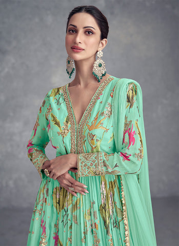 salwar  kameez neck design - v neck design salwar kameez- Sea Green Digital Printed v neck design Anarkali Gown