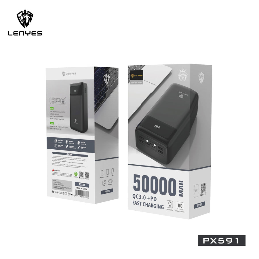 LENYES PX591 Power Bank 50000 mAh With Multi Charging Ports - Black