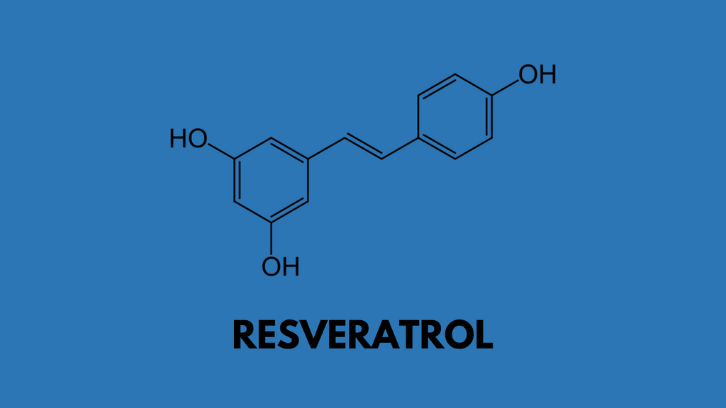 Image of resveratrol capsules and natural sources like grapes and blueberries.