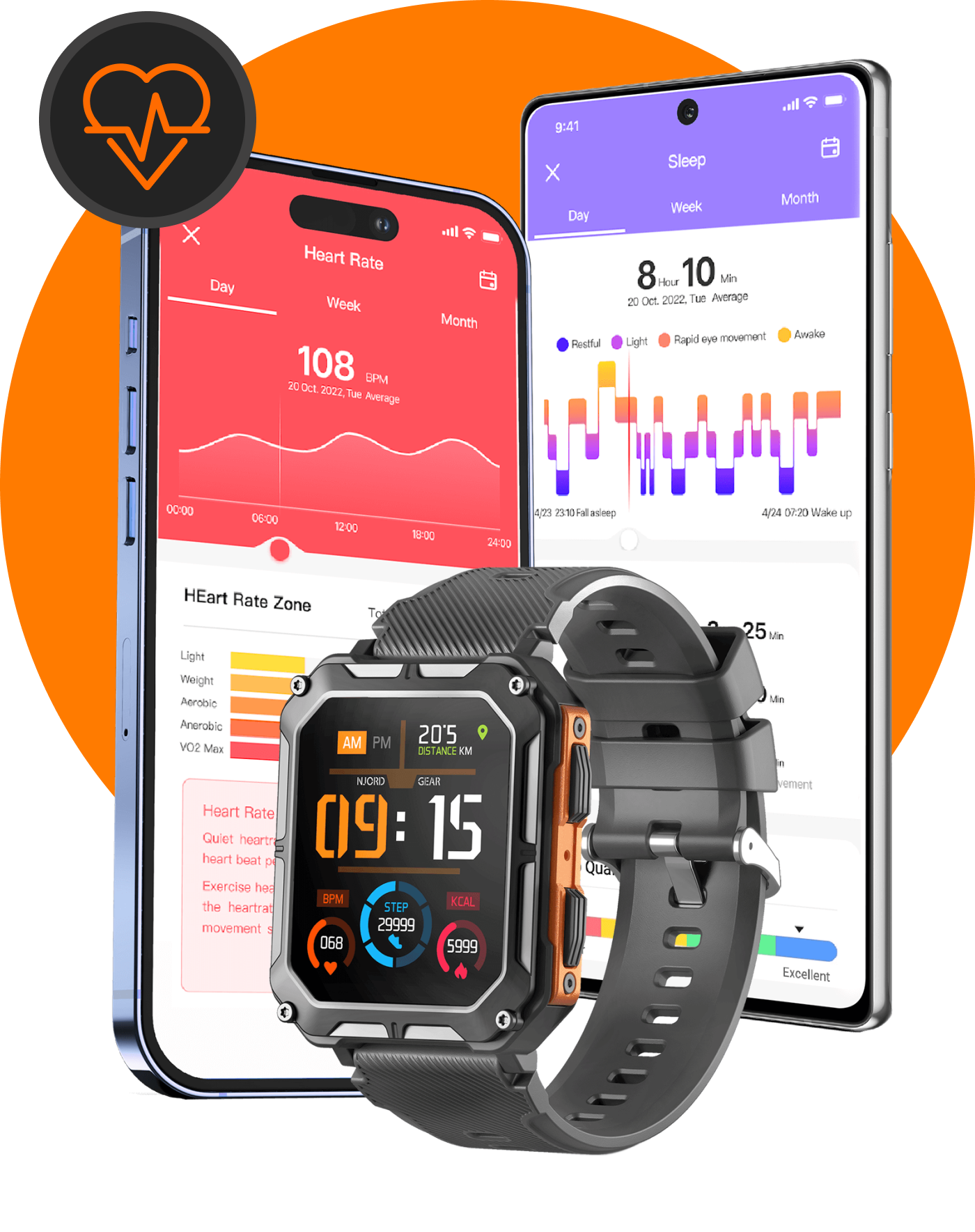 Smartwatch and smartphones displaying health tracking data on screens.