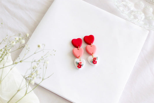 Love Envelope Heart floral Hoops polymer clay, Stamp Clay Earrings