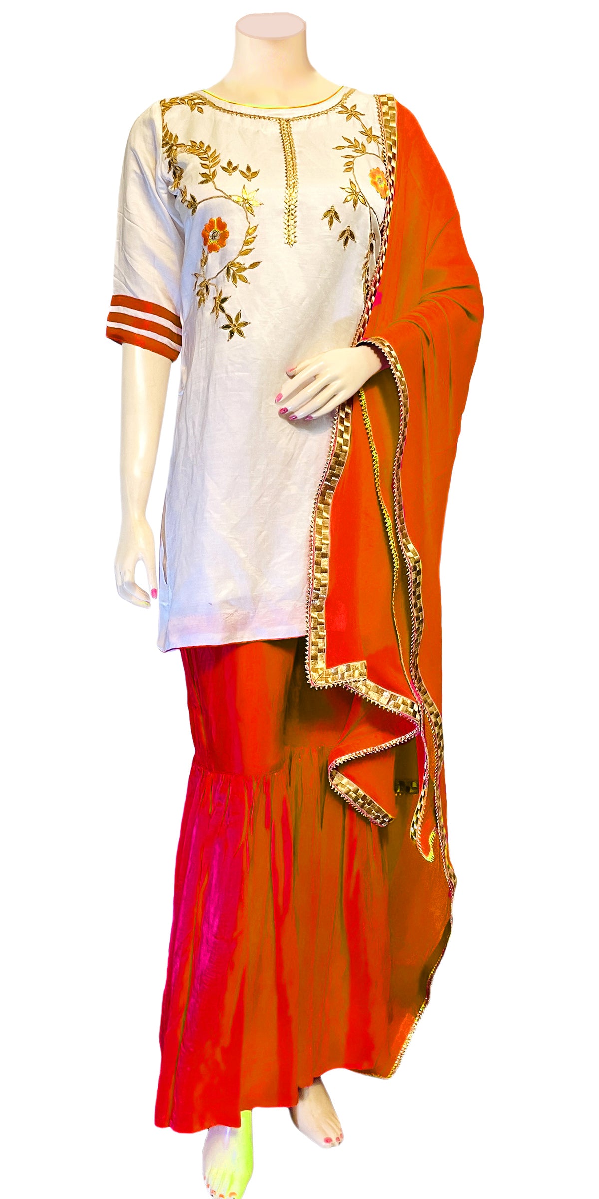 Cotton pink kurti and off-white pant with gota lace work and prints - Kurti  Fashion
