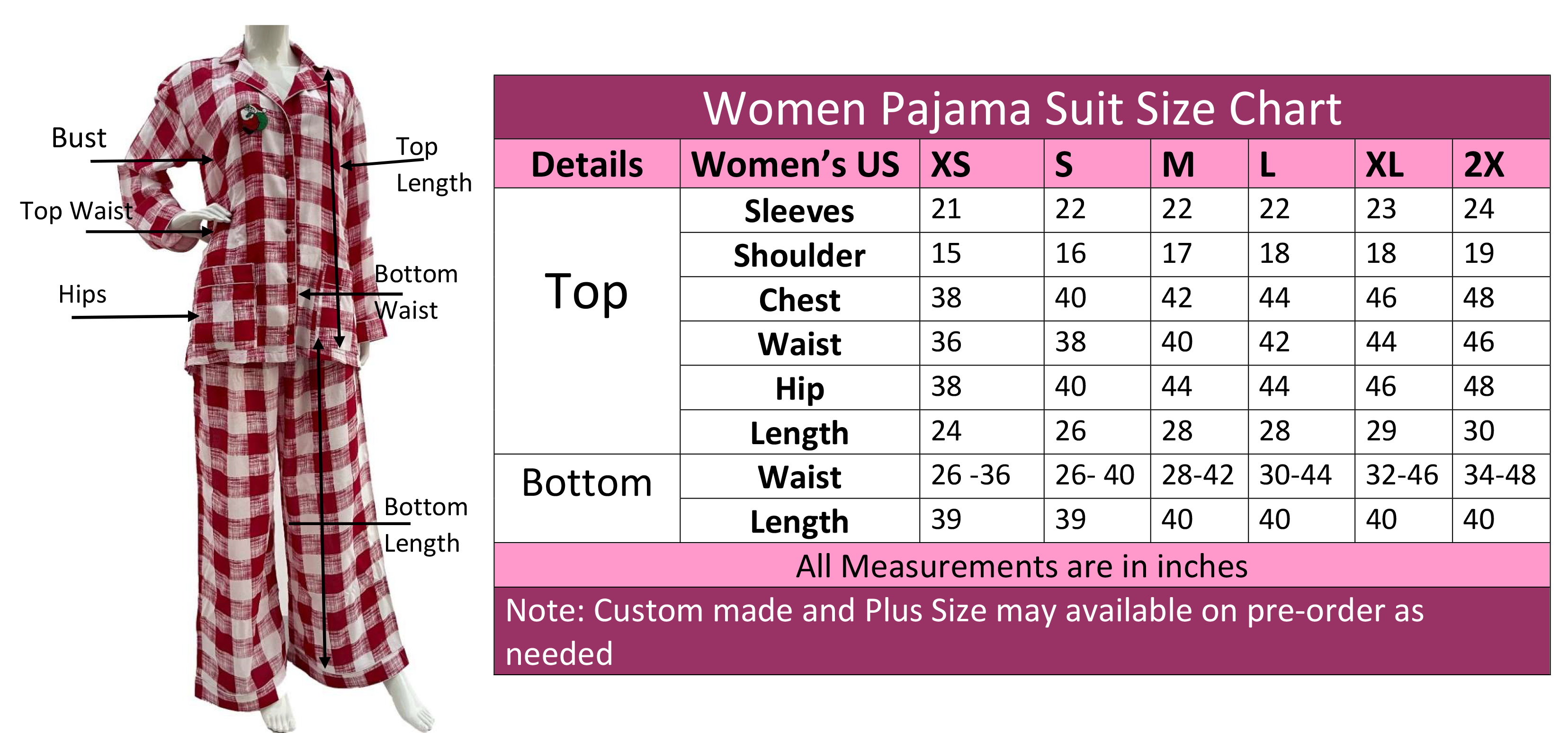 Pajama Size Chart for women