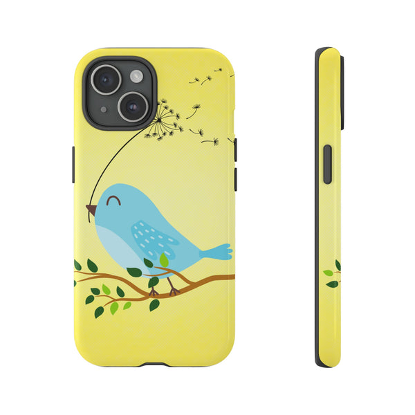 yellow phone case with a bluebird holding a dandelion
