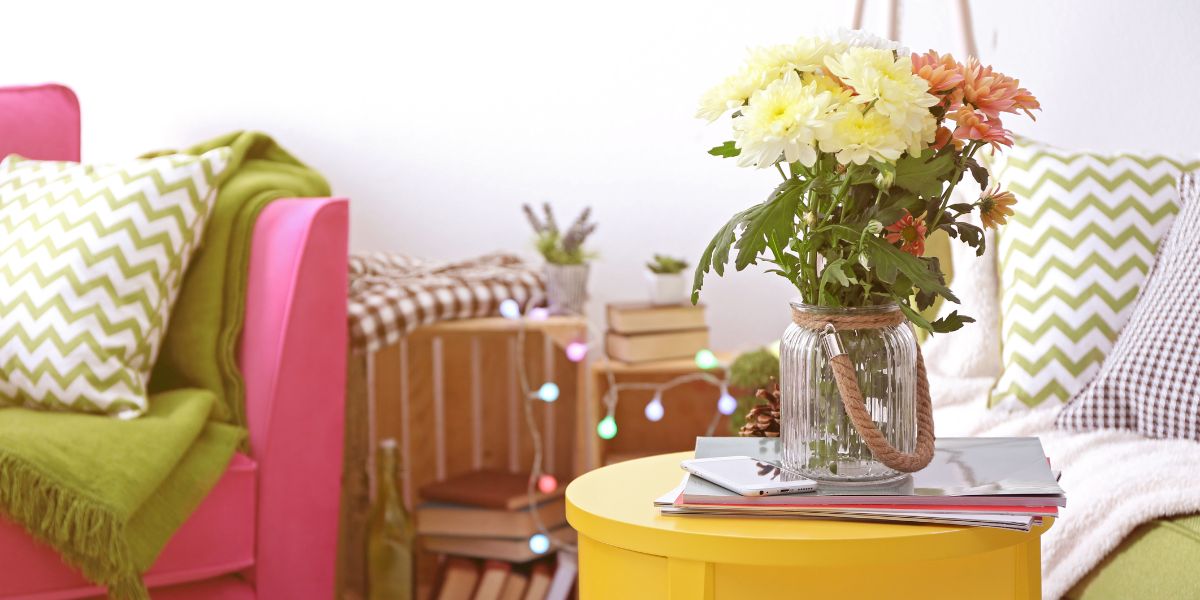 a flower arrangement on a yellow table next to a pink chair