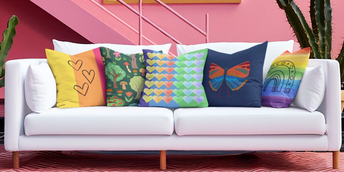 a white couch with 5 throw pillows in bright summer designs