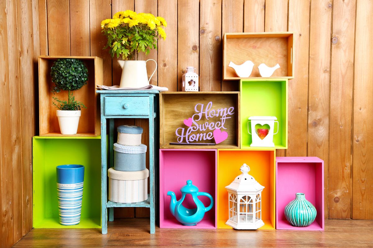 colorful shelf boxes full of creative home decor items