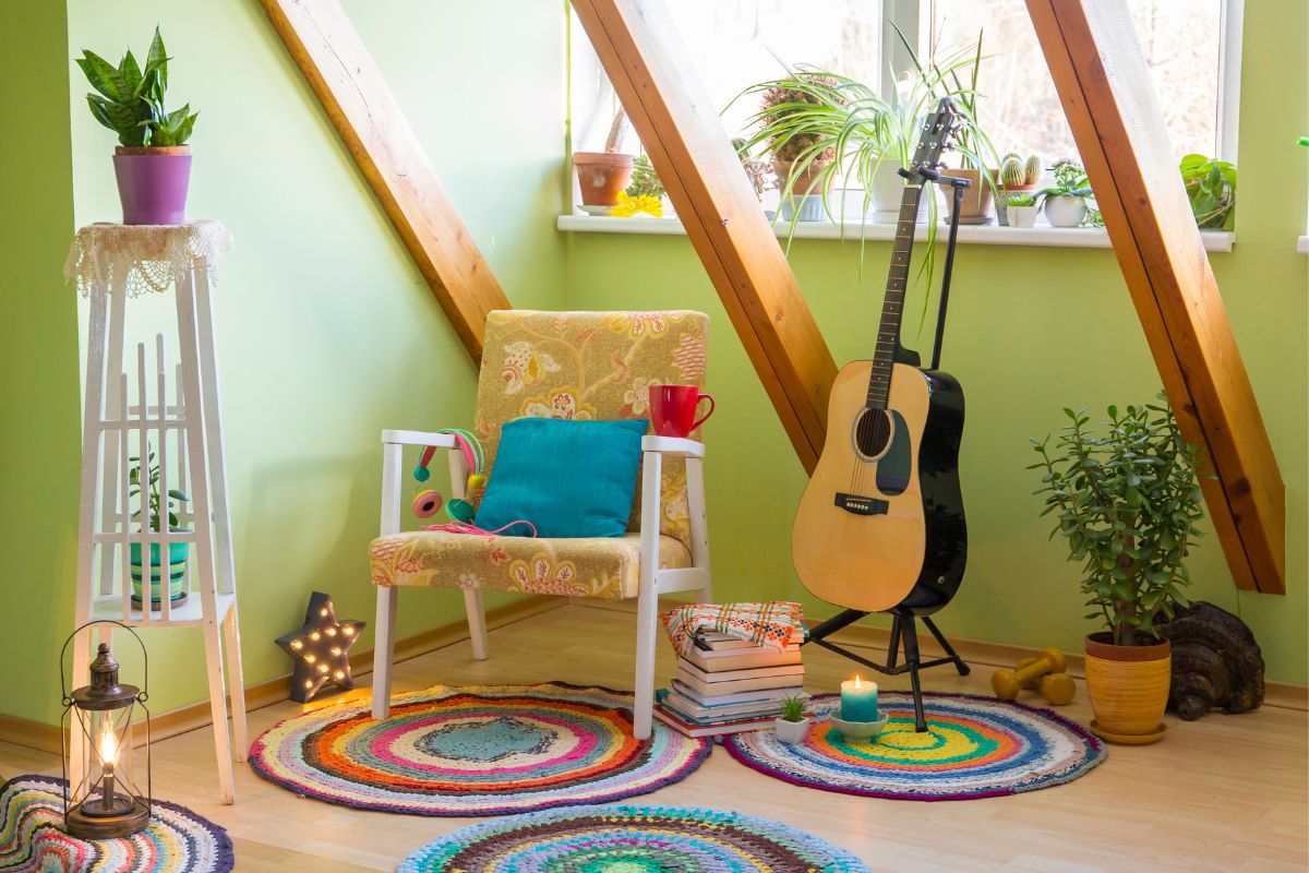 colorful room with a guitar on a stand and round rugs on the floor