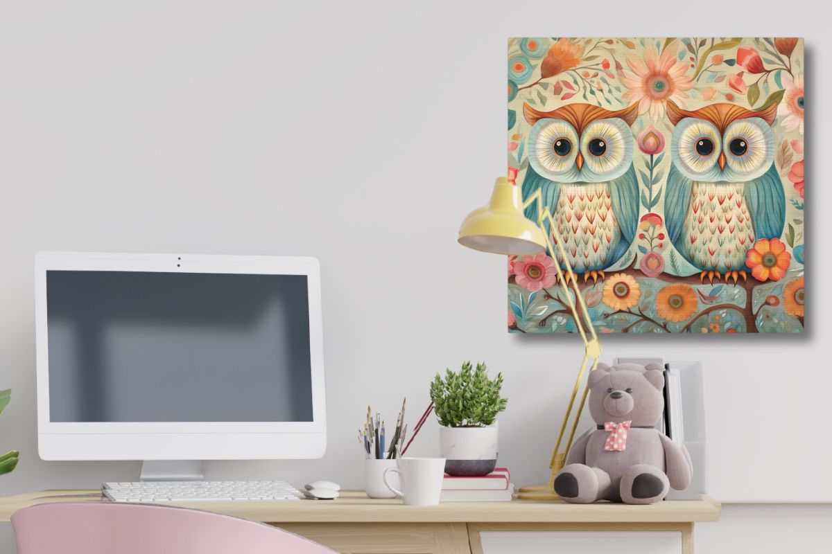 whimsical wall art of two owls