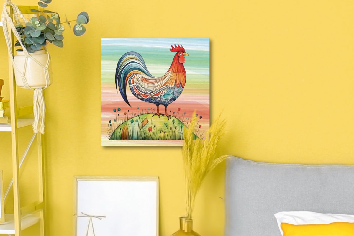 whimsical rooster wall art on a yellow wall