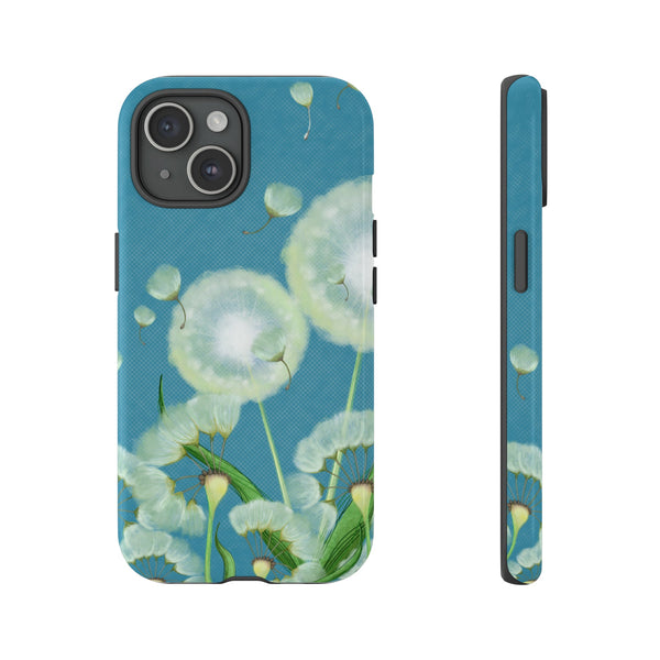 Blue phone case with dandelion artwork in a painting style