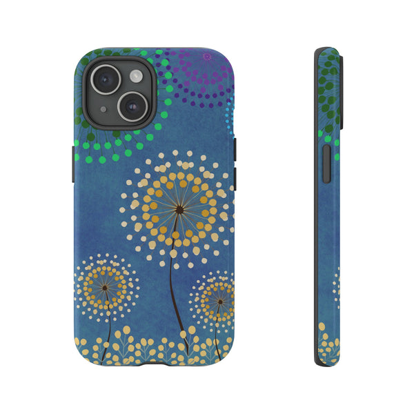 blue phone case with abstract dandelion artwork