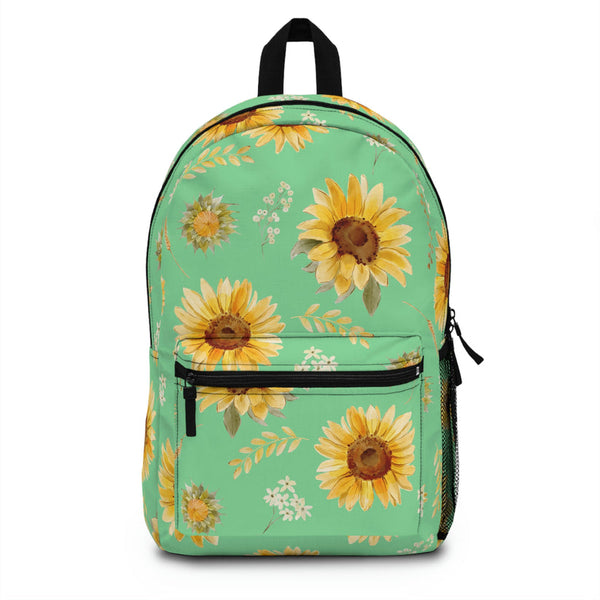 Green backpack with sunflower design