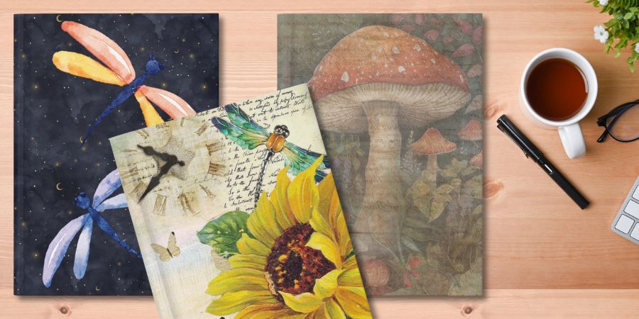 A dragonfly journal, sunflower journal, and mushroom journal for The Artist's Way