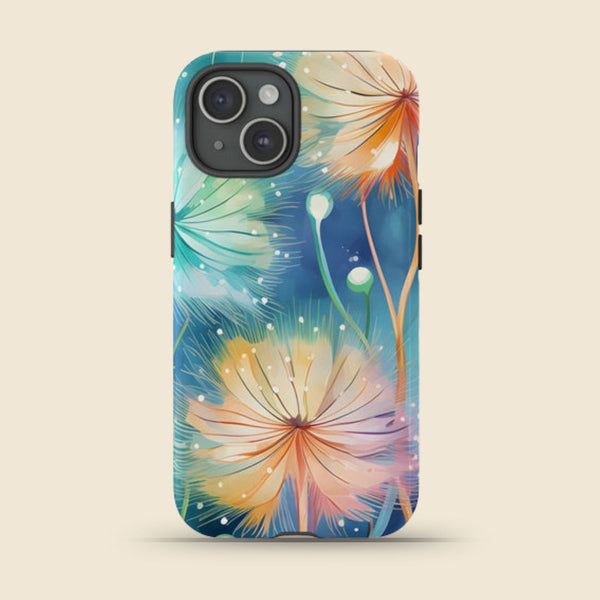 Colorful phone case with abstract dandelion artwork