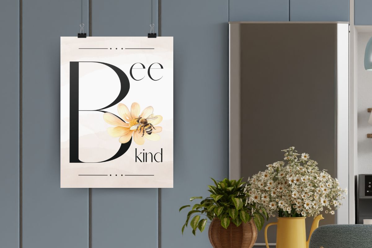 Wall art poster that says "bee kind" with a watercolor bee and flower