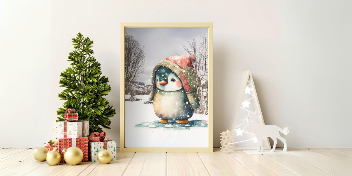 a framed poster of a baby penguin in the snow