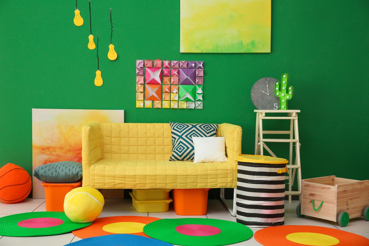 yellow couch next to a green wall with colorful rugs on the floor