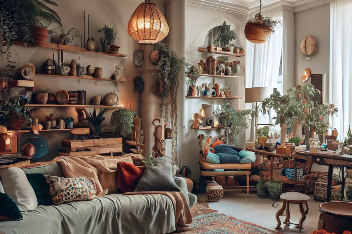 cluttered eclectic boho style living room