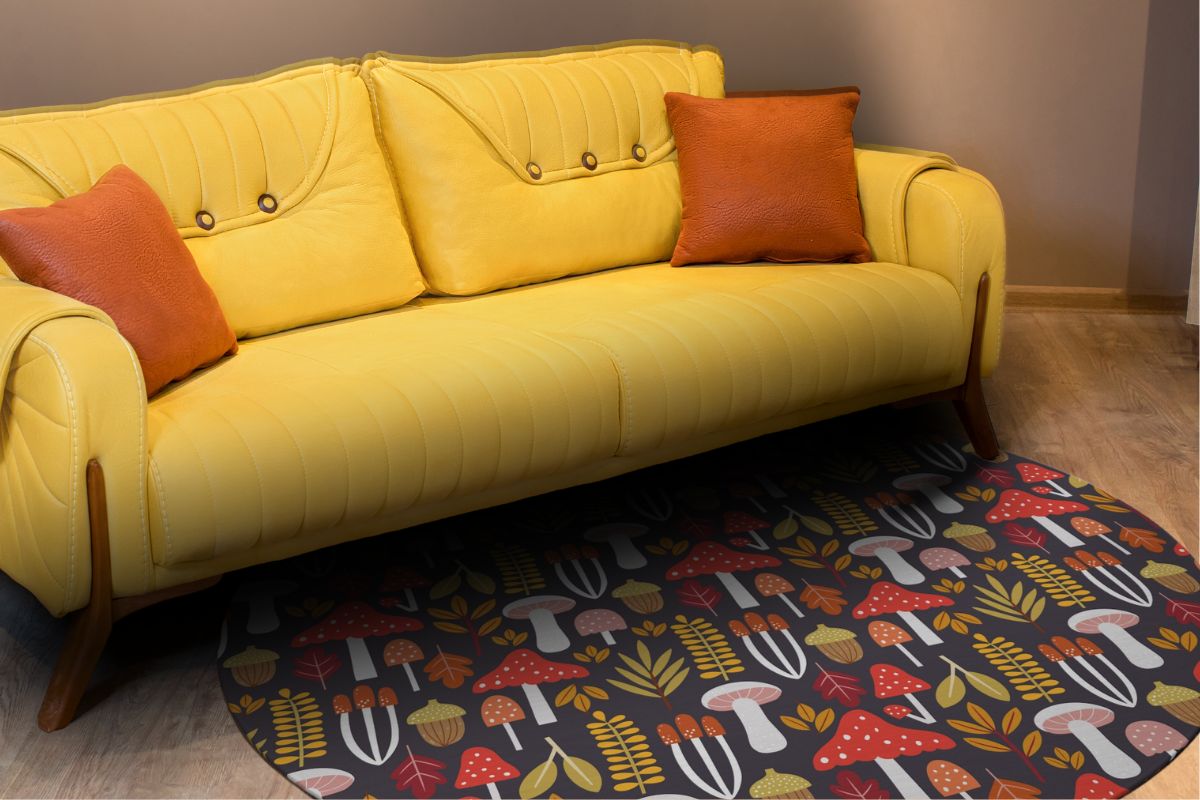 yellow couch and whimsical mushroom area rug