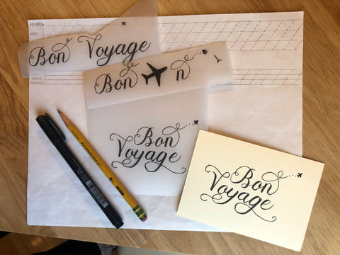 A series of calligraphic iterations of the phrase "Bon Voyage."
