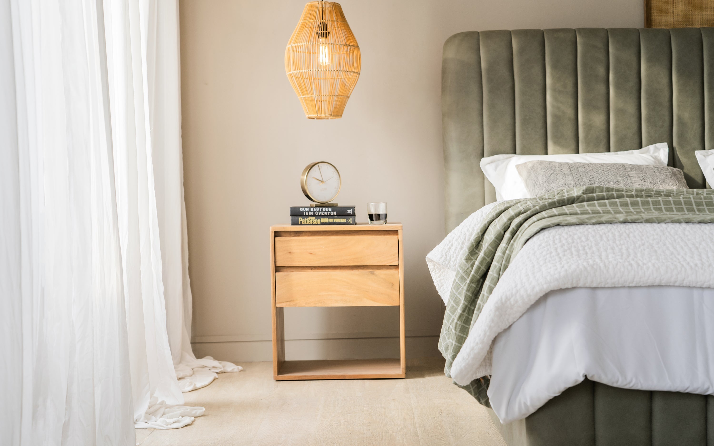 Wooden Bedside Tables with Integrated Storage in bedroom