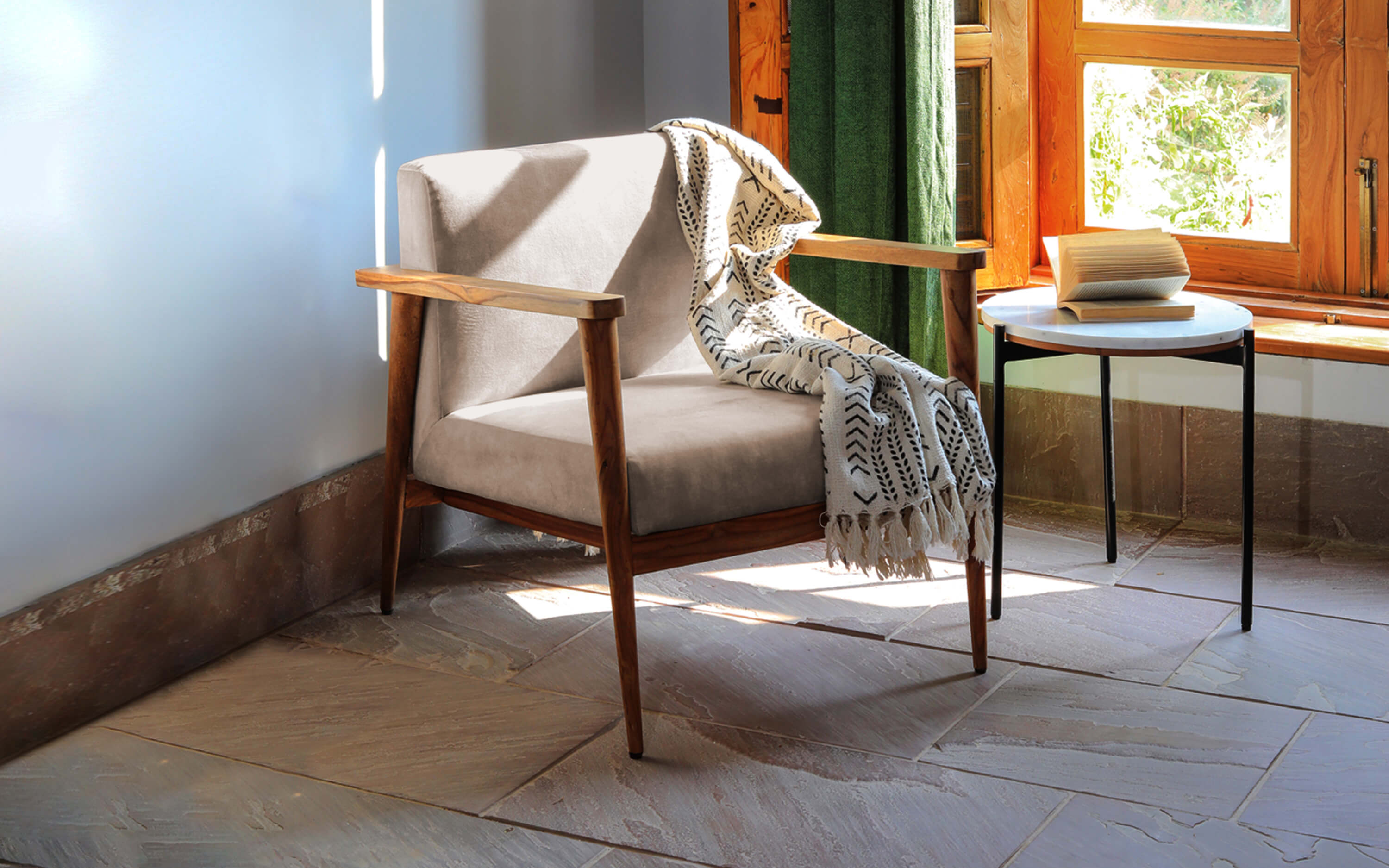 Dado Wooden Lounge Chair in soft Grey. Drawing room Decor Ideas 2023- Orange Tree Homes Pvt Ltd.