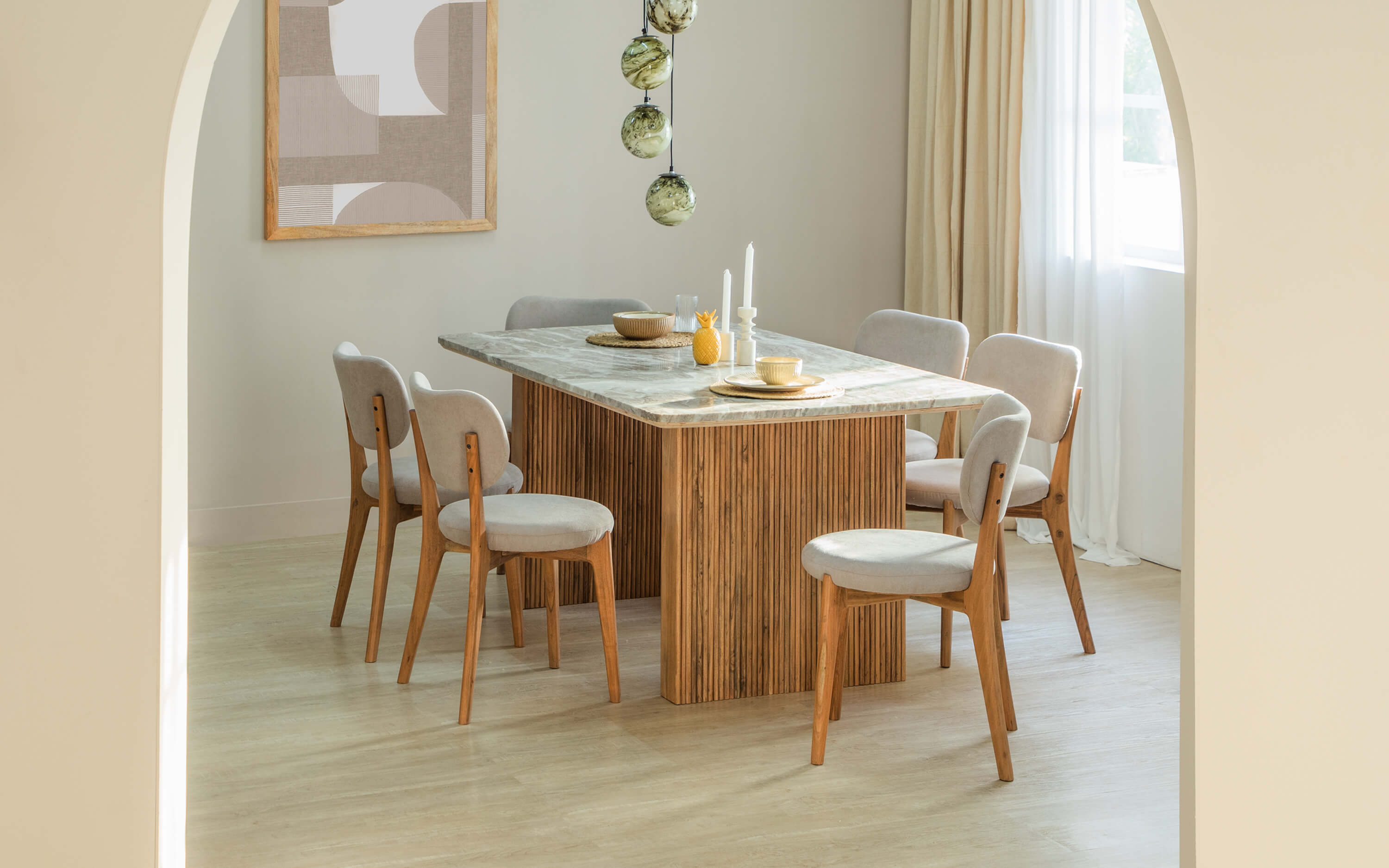 New Hiro marble top Dining Table set design With 6 upholstered Chairs