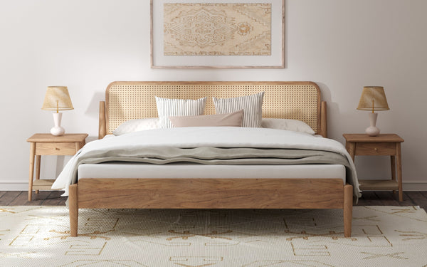 Stylish natural wood and rattan bed frame with minimalist design, part of the eco-friendly 2024 bed collection.
