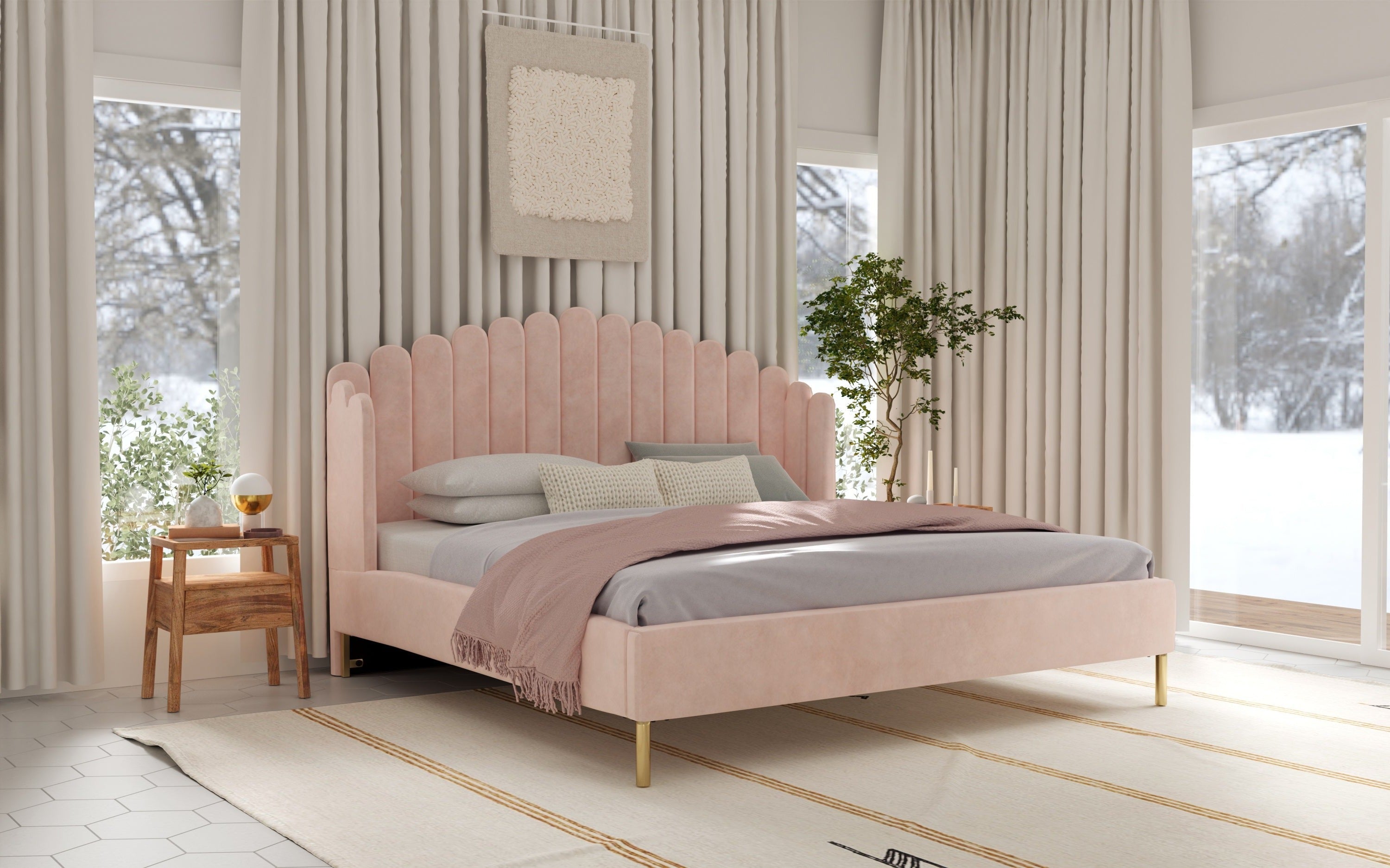 Luxury bedroom in soft pastels with ample sunlight