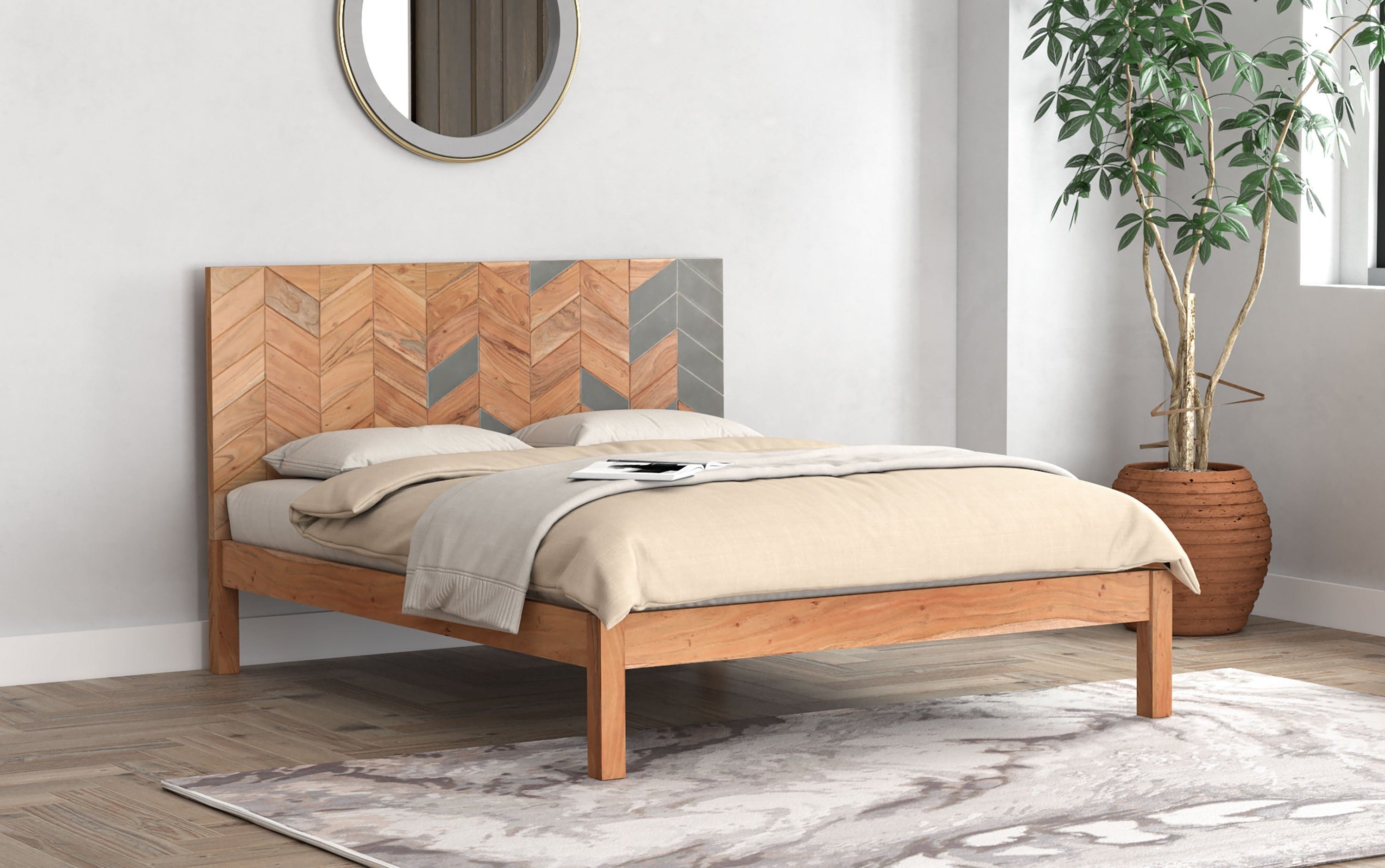 Bold geometric wooden headboard featuring color block elements, creating a playful yet sophisticated focal point in the bedroom.