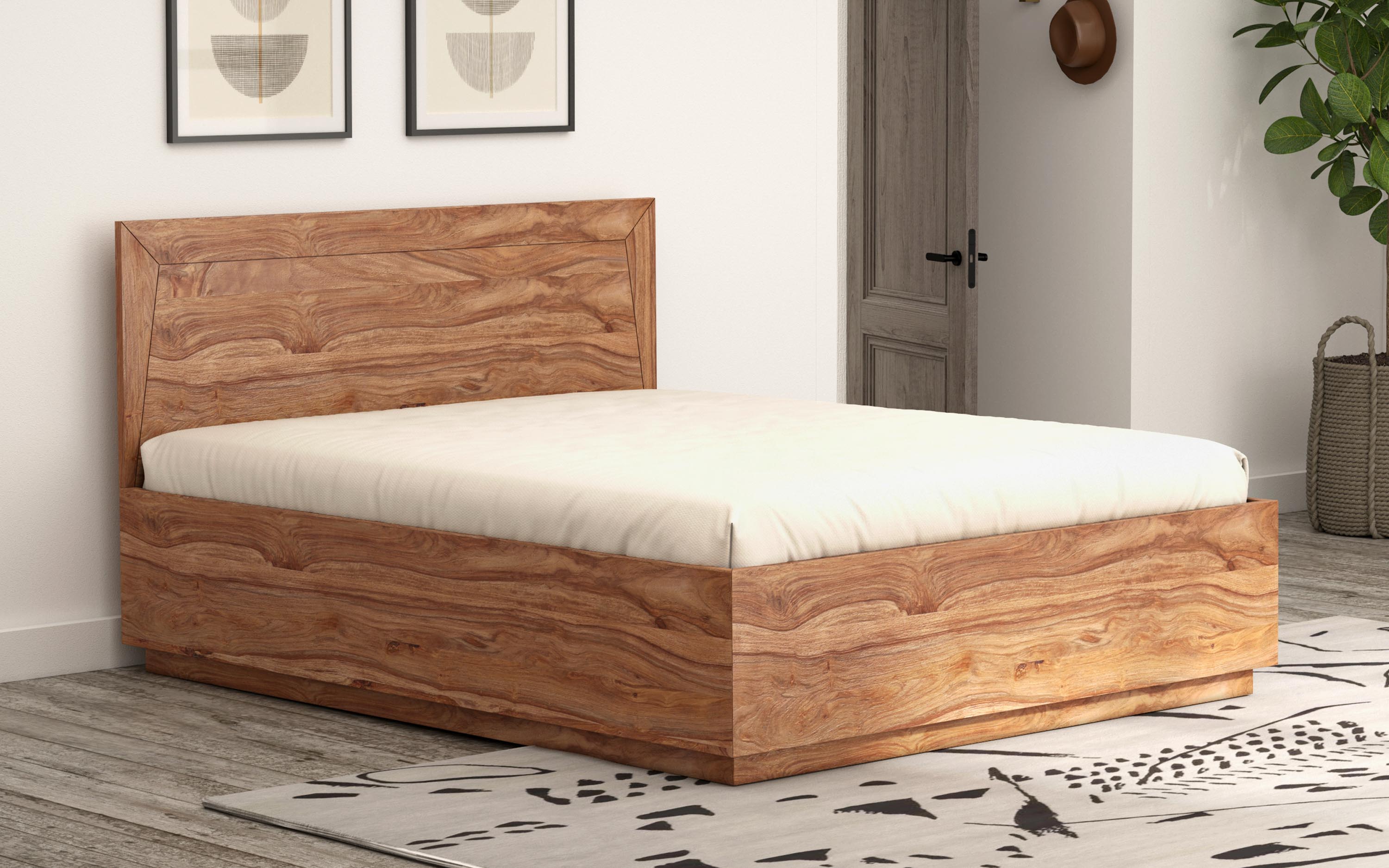Simple framed wooden headboard showcasing natural wood grain, offering a rustic and inviting appeal for a serene bedroom environment.