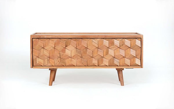 Chic and latest TV unit design, the Ayaka model with a unique geometric wooden pattern and a natural acacia wood finish.