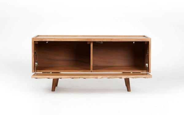 Open cabinet view of Ayaka TV unit with spacious shelving and unique geometric design detail