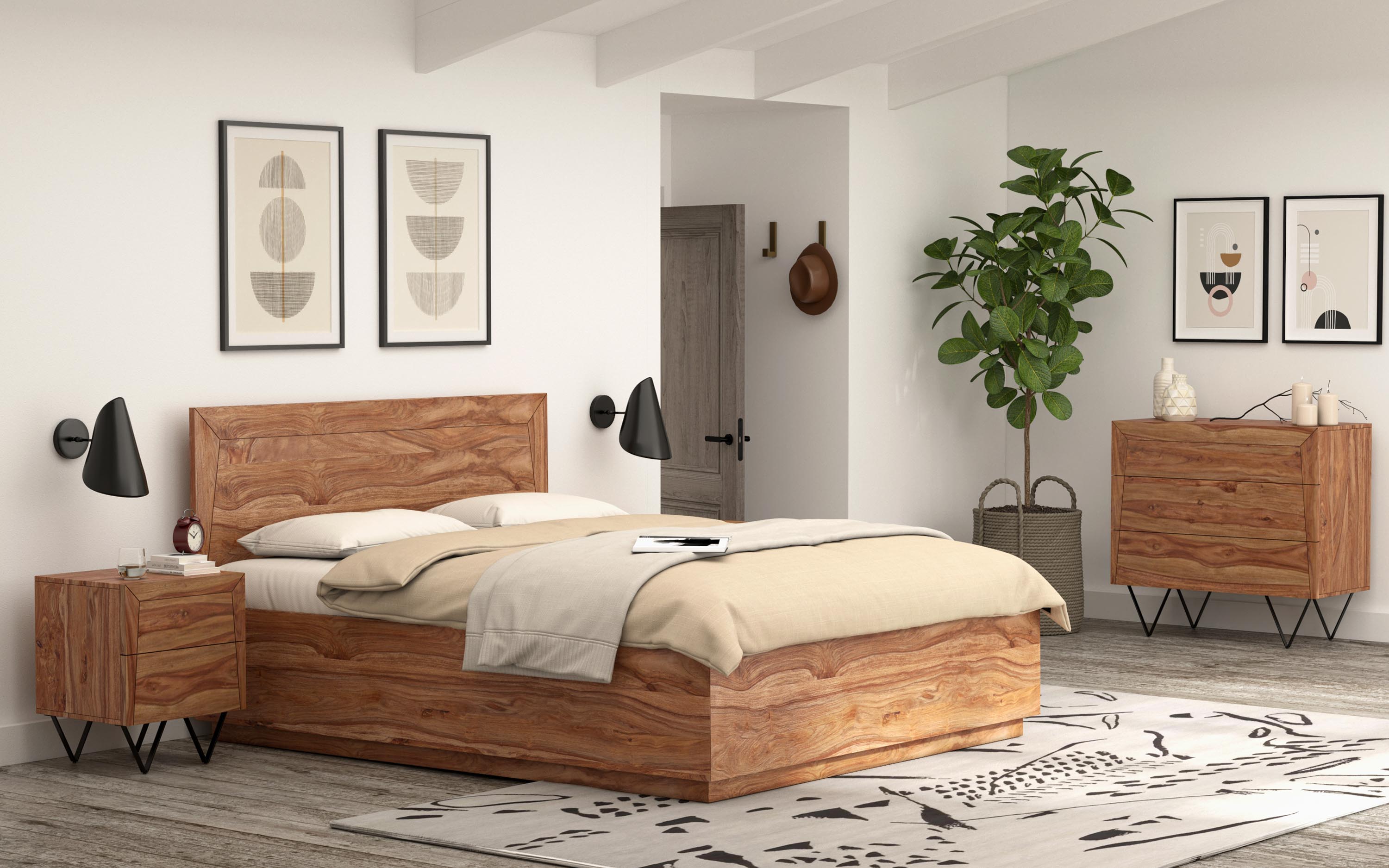 Elegant wood bed frame and nightstand in a luxury bedroom interior with minimalist decor